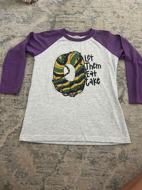 Girls Raglan Sleeve Shirt with Purple Sleeves and Mardi Gras Donut Graphic